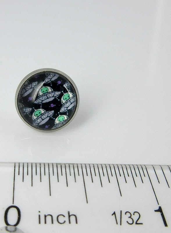 Summerfield Collection Stainless Steel Neon Green Black Silver White Alien UFO Print Glass Stud Earrings 12mm