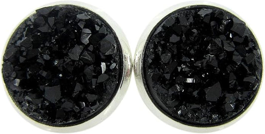 Silver-tone Black Faux Druzy Stone Stud Earrings 12mm)
