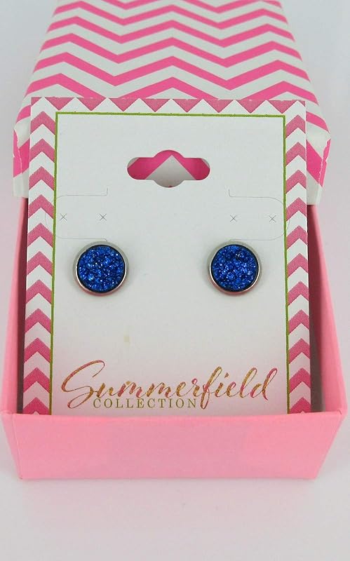 Summerfield Collection Stainless Steel Glitter Faux Druzy Stone Stud Earrings 8mm (Royal Blue)
