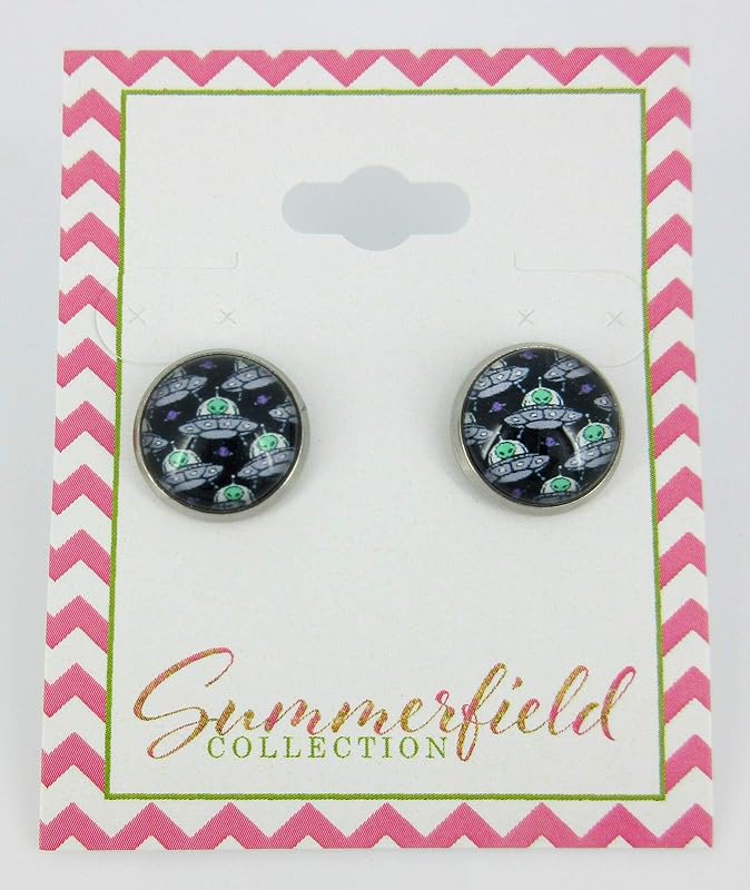 Summerfield Collection Stainless Steel Neon Green Black Silver White Alien UFO Print Glass Stud Earrings 12mm