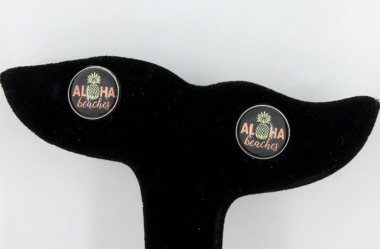 Summerfield Collection Stainless Steel Aloha Beaches Pineapple Print Glass Stud Earrings 12mm