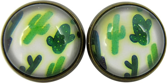 Summerfield Collection Antiqued Gold-tone Cactus Print Glass Stud Earrings 12mm