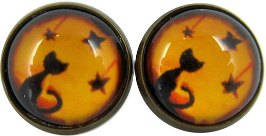 Summerfield Collection Antiqued Gold-tone Orange and Black Halloween Cat Print Glass Stud Earrings 12mm