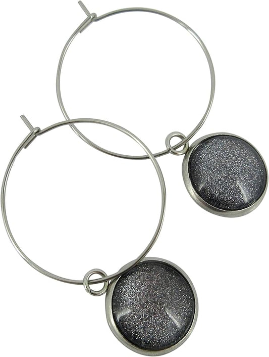 Summerfield Collection Stainless Steel Charcoal Gray Glitter Glass Charm Hoop Earrings Hand-painted 1"