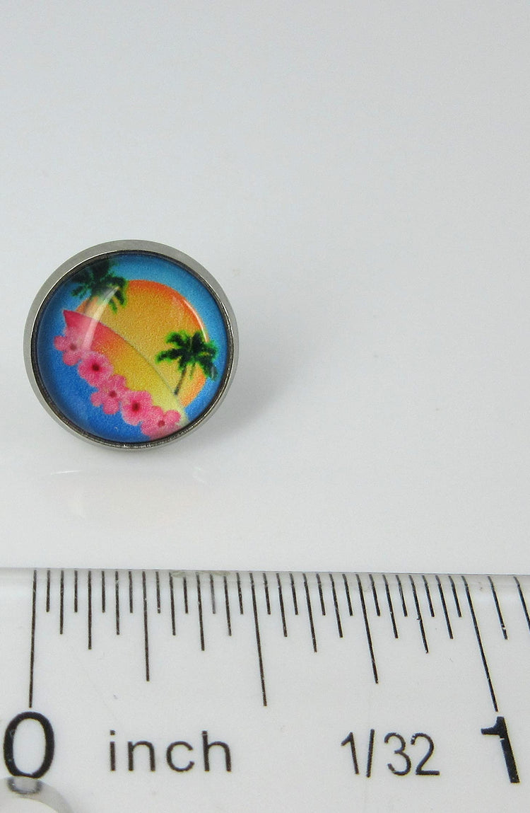 Stainless Steel Retro Tropical Sunset Palm Tree Print Glass Stud Earrings 12mm Hibiscus Flower