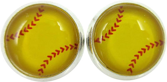Summerfield Collection Silver-tone Yellow Softball Print Glass Stud Earrings 10mm