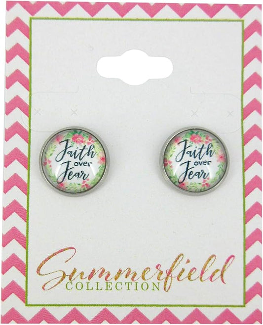 Summerfield Collection Stainless Steel Faith Over Fear Print Glass Stud Earrings 12mm