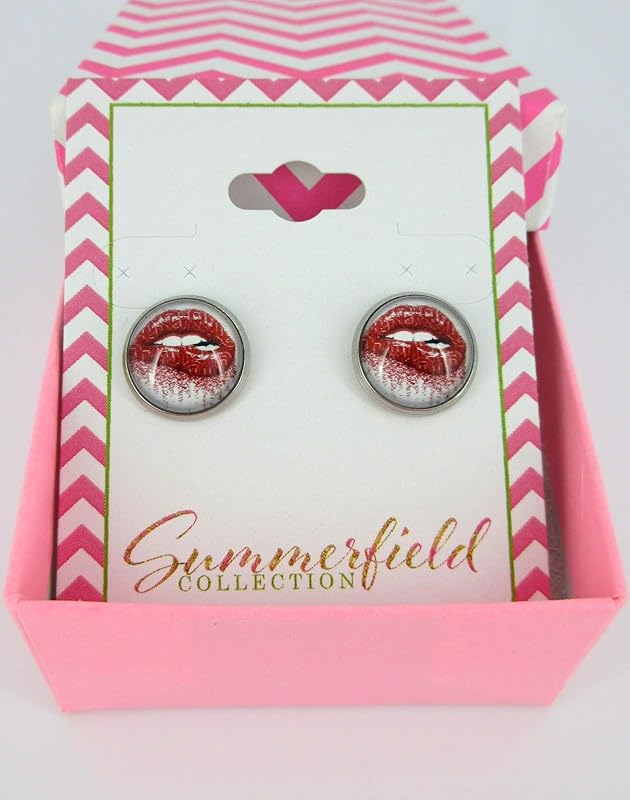 Summerfield Collection Stainless Steel Lip Bite Print Glass Stud Earrings 12mm White Red Lipstick
