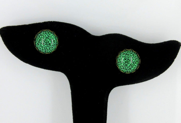 Antiqued Gold-tone Animal Print Glass Stud Earrings 12mm (Grass Green)