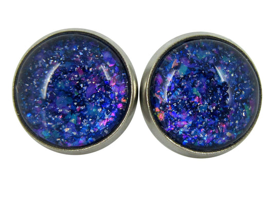 Stainless Steel Blue Purple Pink Glitter Glass Stud Earrings Hand-painted 10mm