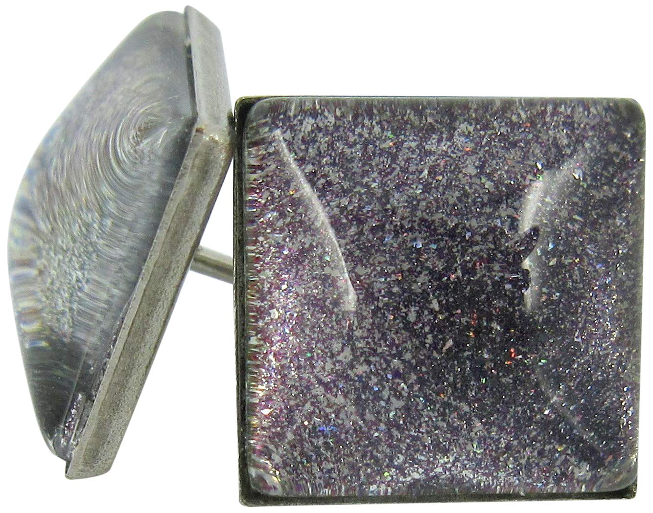 Stainless Steel Charcoal Gray Purple Green Glitter Glass Stud Earrings Hand-painted Square 10mm