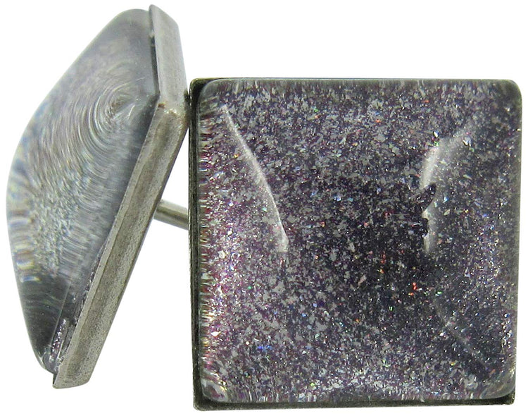 Stainless Steel Charcoal Gray Purple Green Glitter Glass Stud Earrings Hand-painted Square 10mm