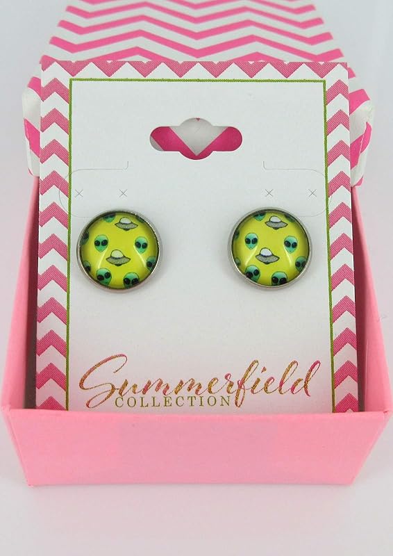 Summerfield Collection Stainless Steel Yellow and Neon Green Alien UFO Print Glass Stud Earrings 12mm