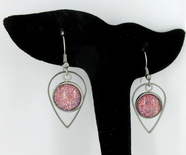 Summerfield Collection Stainless Steel Purple and Pink Glitter Flake Glass Charm Dangle Earrings Handpainted