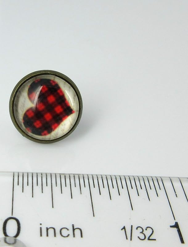 Summerfield Collection Antiqued Gold-tone Buffalo Plaid Heart Print Glass Stud Earrings 12mm