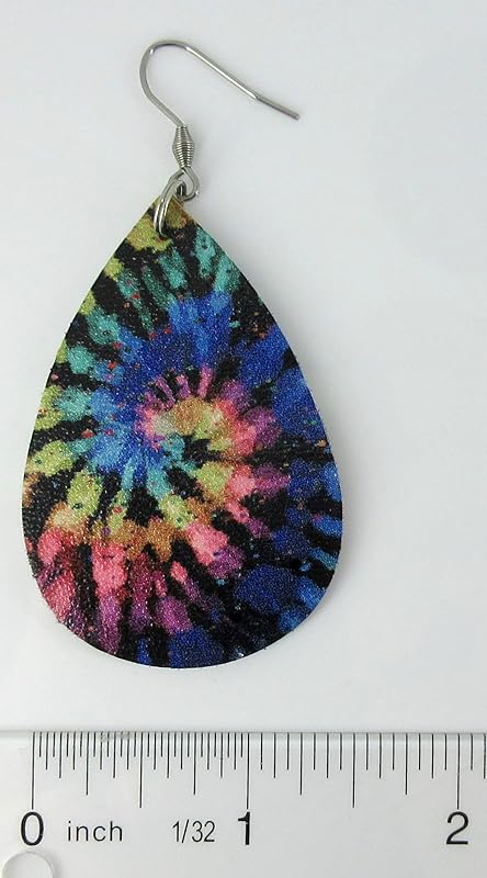 Summerfield Collection Tie Dye Faux Leather Large Teardrop Dangle Earrings Stainless Steel Black Rainbow