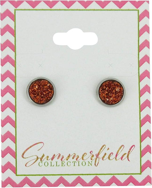 Summerfield Collection Stainless Steel Glitter Faux Druzy Stone Stud Earrings 8mm (Orange)