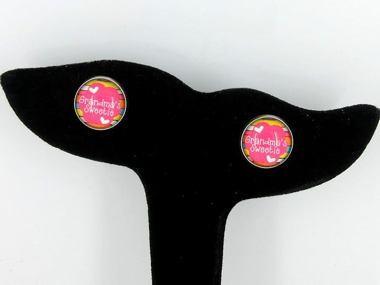 Summerfield Collection Stainless Steel Grandma's Sweetie Print Glass Stud Earrings 12mm Pink