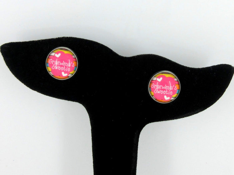Stainless Steel Grandma's Sweetie Print Glass Stud Earrings 12mm Pink