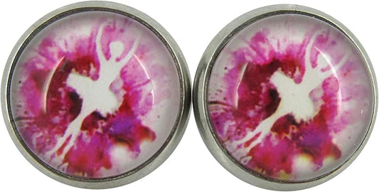Summerfield Collection Stainless Steel Pink and White Ballet Dancer Printed Glass Stud Earrings 12mm