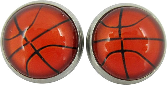 Summerfield Collection Stainless Steel Basketball Print Glass Stud Earrings 12mm