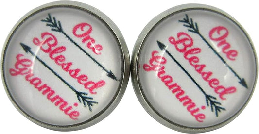 Summerfield Collection Stainless Steel One Blessed Grammie Print Glass Stud Earrings 12mm