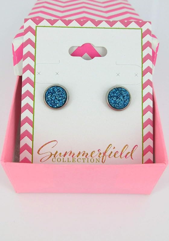 Summerfield Collection Stainless Steel Glitter Faux Druzy Stone Stud Earrings 8mm (Ocean Blue)