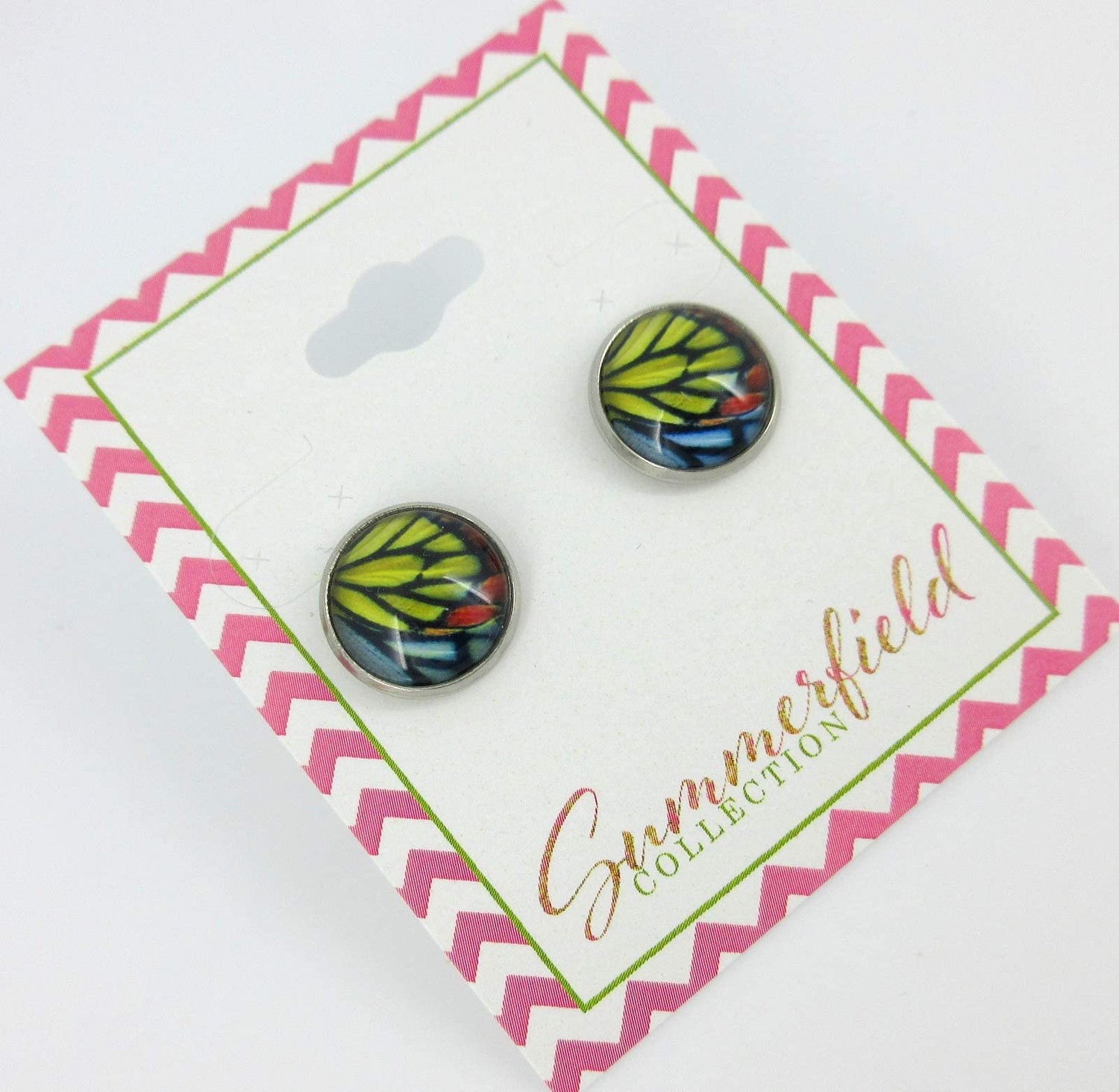 Stainless Steel Butterfly Wing Print Glass Stud Earrings 12mm