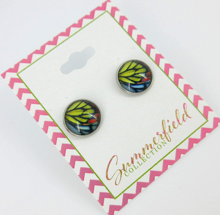Stainless Steel Butterfly Wing Print Glass Stud Earrings 12mm