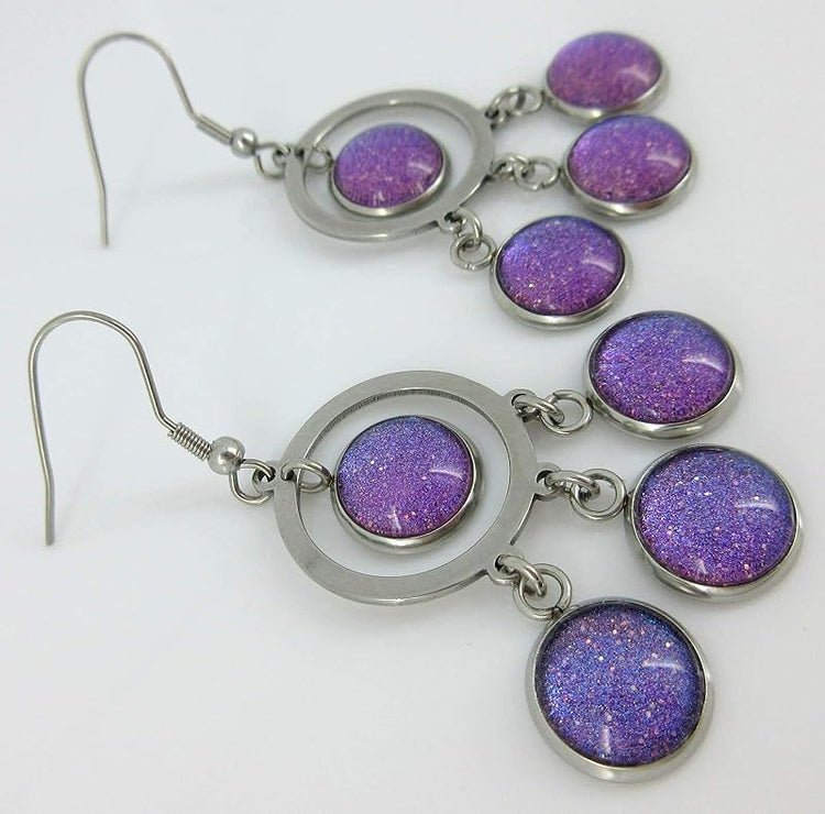 Summerfield Collection Stainless Steel Colorshifting Glitter Glass Chandelier Dangle Earrings Handpainted (Purple)