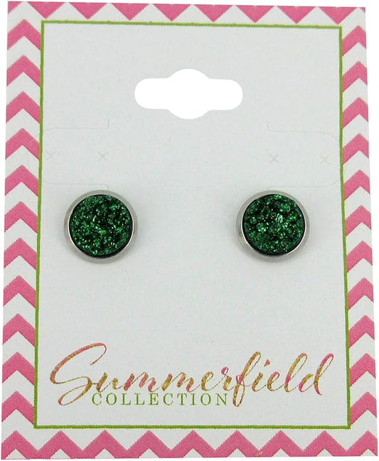 Summerfield Collection Stainless Steel Glitter Faux Druzy Stone Stud Earrings 8mm (Shamrock Green)