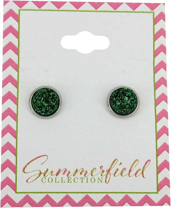 Stainless Steel Glitter Faux Druzy Stone Stud Earrings 8mm (Shamrock Green)