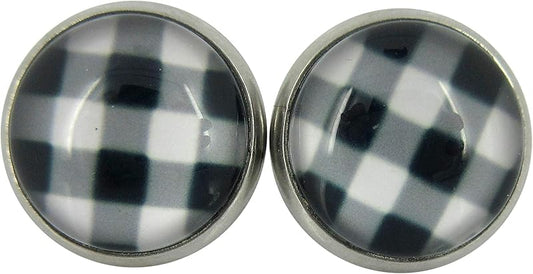 Summerfield Collection Stainless Steel Buffalo Plaid Print Glass Stud Earrings 12mm (White/Black)