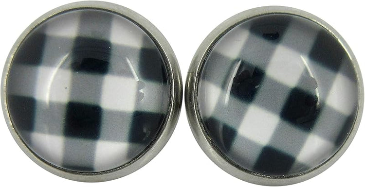 Summerfield Collection Stainless Steel Buffalo Plaid Print Glass Stud Earrings 12mm (White/Black)