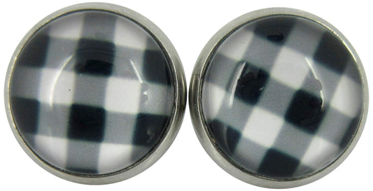 Stainless Steel Black and White Buffalo Plaid Print Glass Stud Earrings 12mm