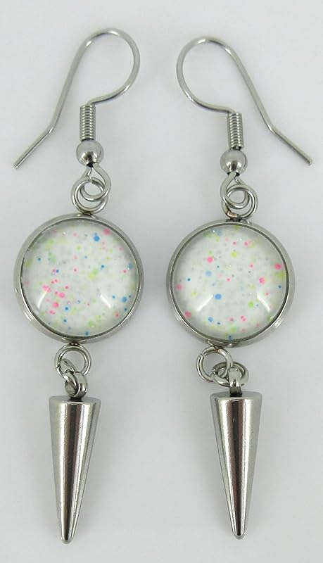 Summerfield Collection Stainless Steel White and Neon Confetti Glitter Glass Charm Dangle Earrings Handpainted Glow in the Dark