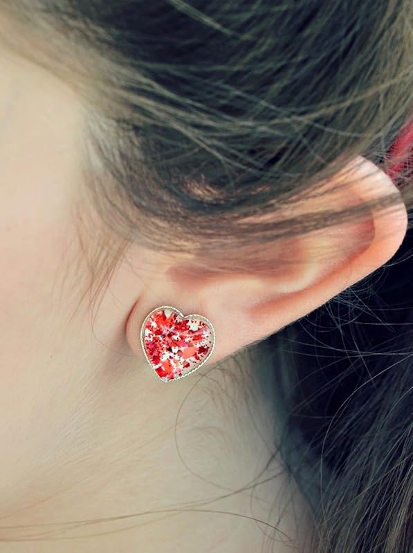 Summerfield Collection Silver-tone White and Fiery Red Glitter Glass Heart Stud Earrings Hand-painted