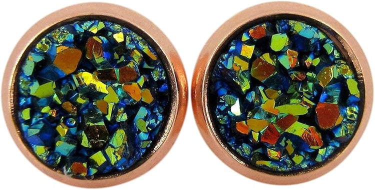 Summerfield Collection Rose Gold-tone Faux Druzy Stone Stud Earrings 8mm (Metallic Blue/Green)