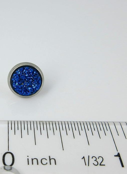 Stainless Steel Glitter Faux Druzy Stone Stud Earrings 8mm (Royal Blue)