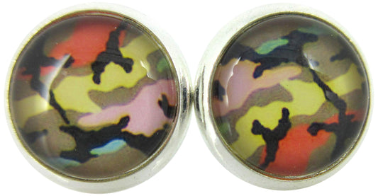 Silver-tone Rainbow Camo Print Glass Stud Earrings 10mm