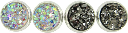 Summerfield Collection Duo Silver-tone Faux Druzy Stone Stud Earrings 8mm Set (Clear AB/Gunmetal)