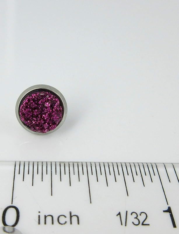 Summerfield Collection Stainless Steel Glitter Faux Druzy Stone Stud Earrings 8mm (Magenta)