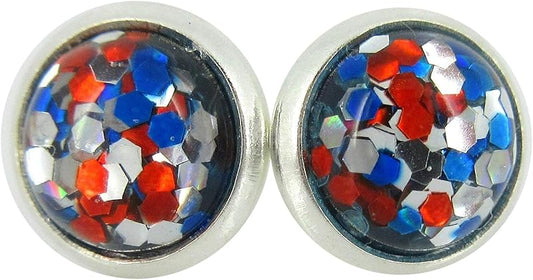Summerfield Collection Silver-tone Patriotic Glitter Resin Stud Earrings Red Blue USA (8mm)