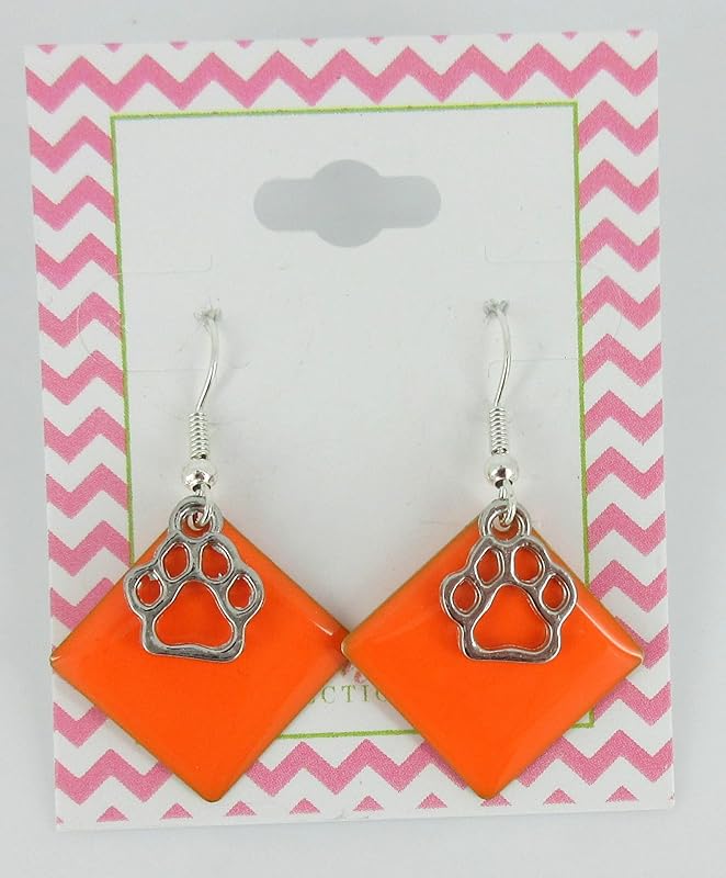 Summerfield Collection Silver-tone Paw Print Charm Enamel Dangle Earrings (Orange)