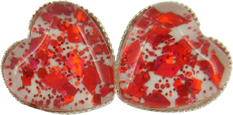 Summerfield Collection Silver-tone White and Fiery Red Glitter Glass Heart Stud Earrings Hand-painted