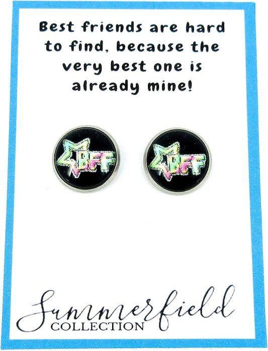 Summerfield Collection Stainless Steel Best Friends Print Glass Stud Earrings 12mm (Neon Star)