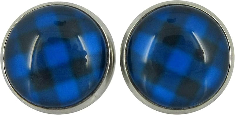 Summerfield Collection Stainless Steel Buffalo Plaid Print Glass Stud Earrings 12mm (Blue/Dk Gray)