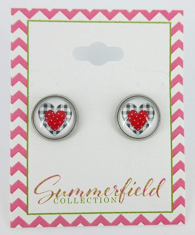 Summerfield Collection Stainless Steel Buffalo Plaid Print Glass Stud Earrings 12mm (White/Black/Red Heart)