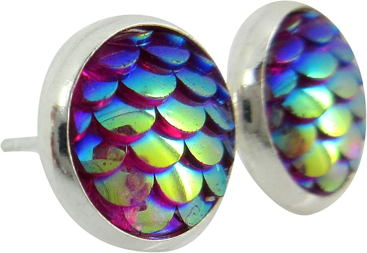 Summerfield Collection Silver-tone Pink Purple Metallic Mermaid Scale Stud Earrings 10mm