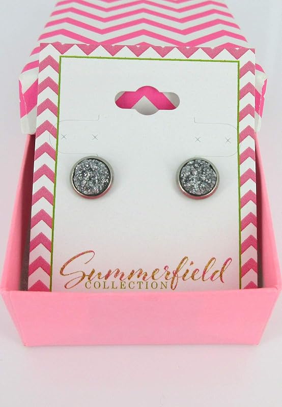 Summerfield Collection Stainless Steel Glitter Faux Druzy Stone Stud Earrings 8mm (Dark Silver)